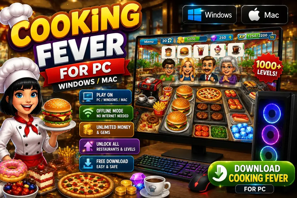Cooking Fever mod apk running on a Windows PC through an Android emulator