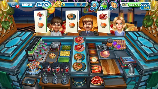 Cooking Fever kitchen with several stations in use